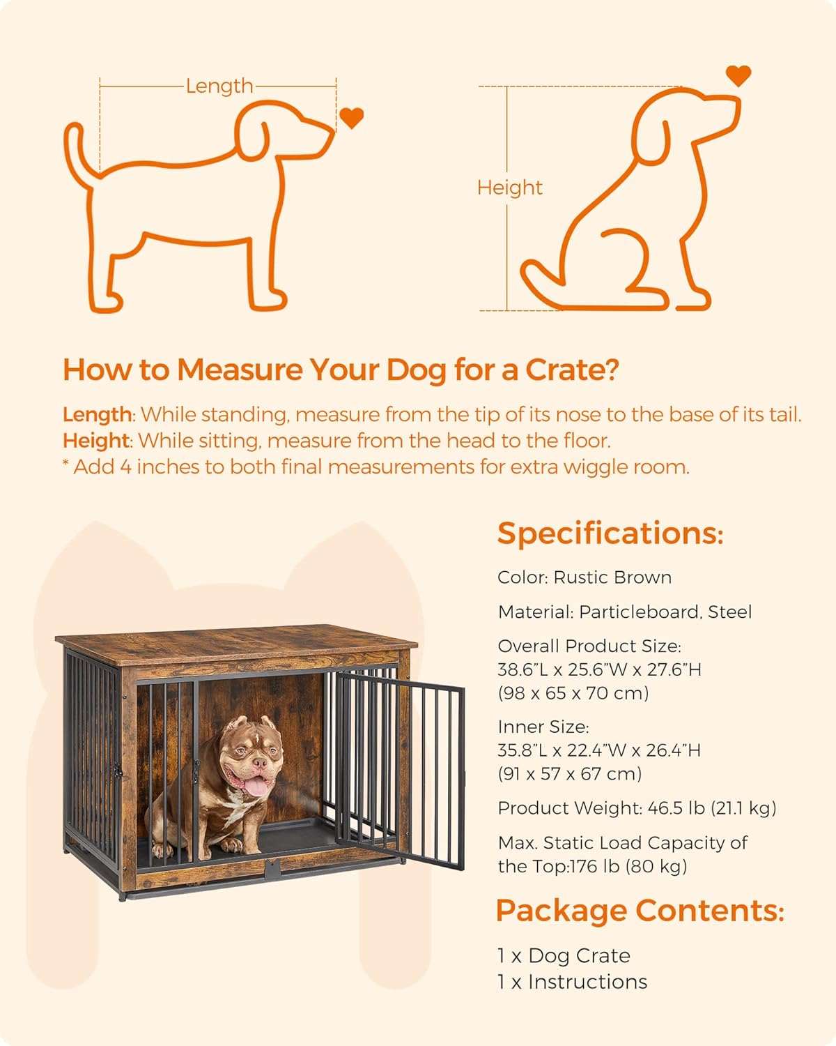 FEANDREA Dog Crate End Table for Medium Dogs up to 32kg Rustic Brown