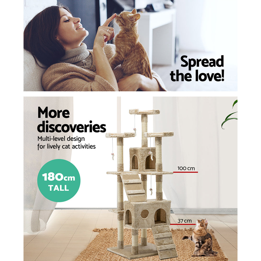 i.Pet Cat Tree 180cm Tower Scratching Post Scratcher Wood Condo House Toys Beige