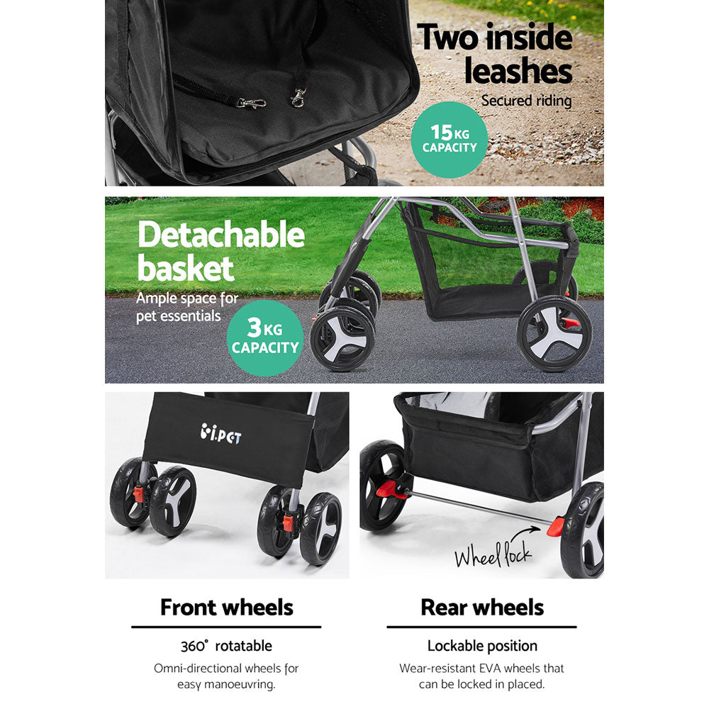 i.Pet 4 Wheel Pet Stroller - Black