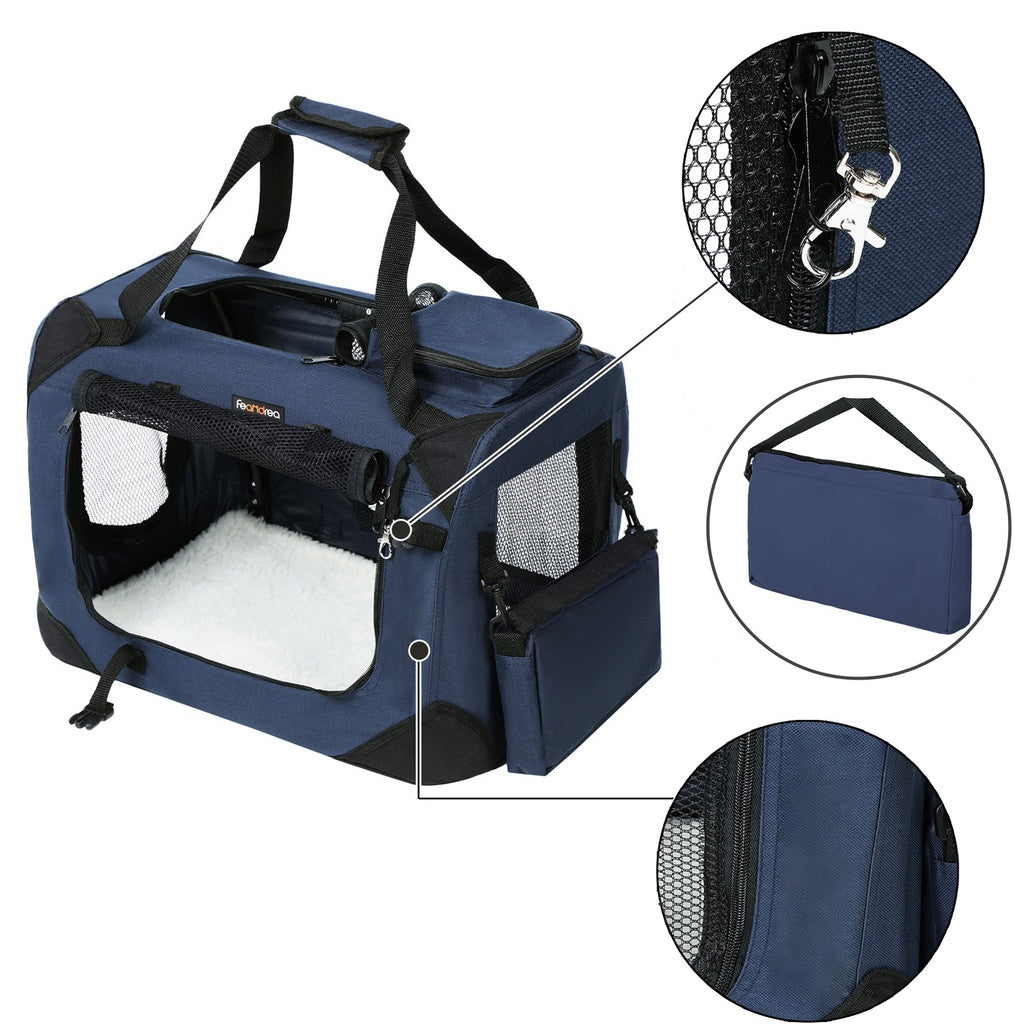 FEANDREA Dog Kennel Transport Box Folding Fabric Pet Carrier 60cm Dark Blue