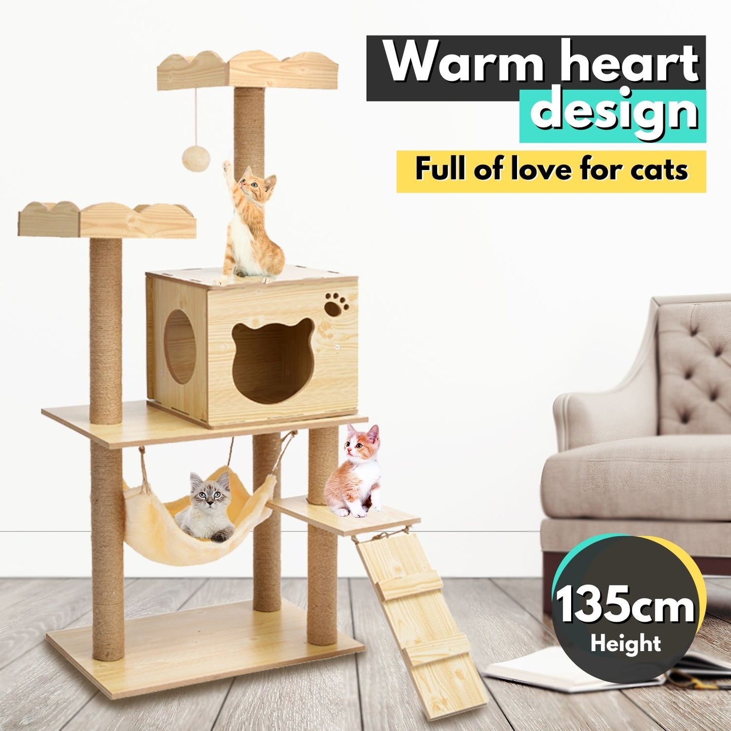 Cat Tree (120cm / 135cm Wood) - PT-CT-132-RN / PT-CT-132-MM