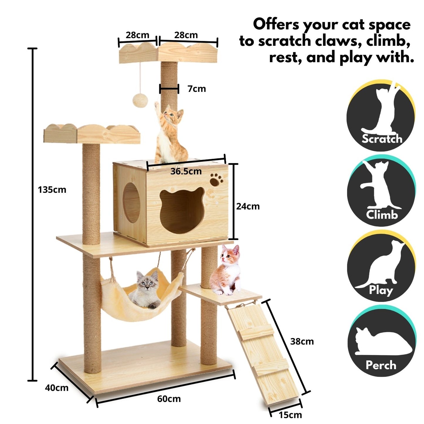 Cat Tree (120cm / 135cm Wood) - PT-CT-132-RN / PT-CT-132-MM