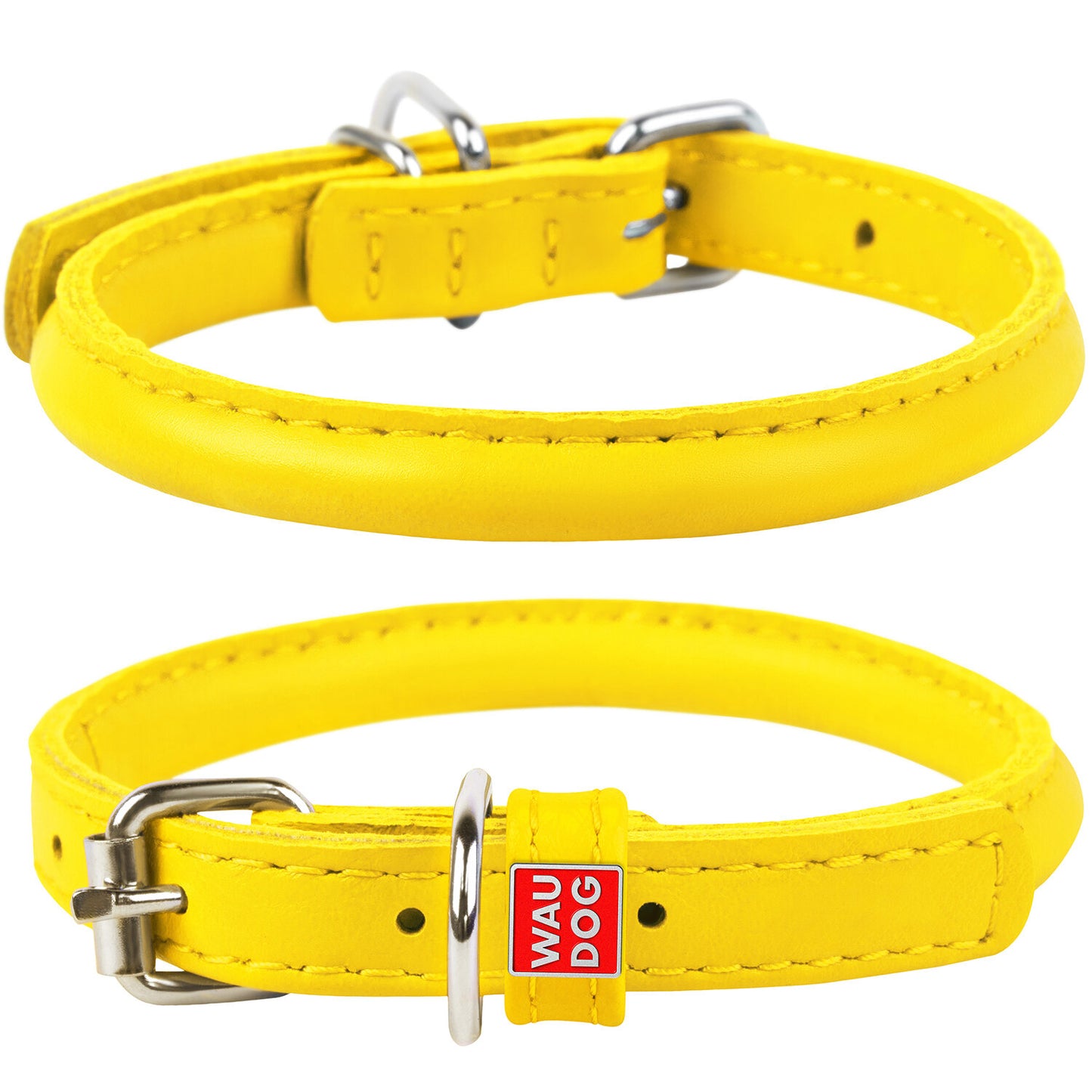 Waudog Leather Round Dog Collar  33-41CM YELLOW