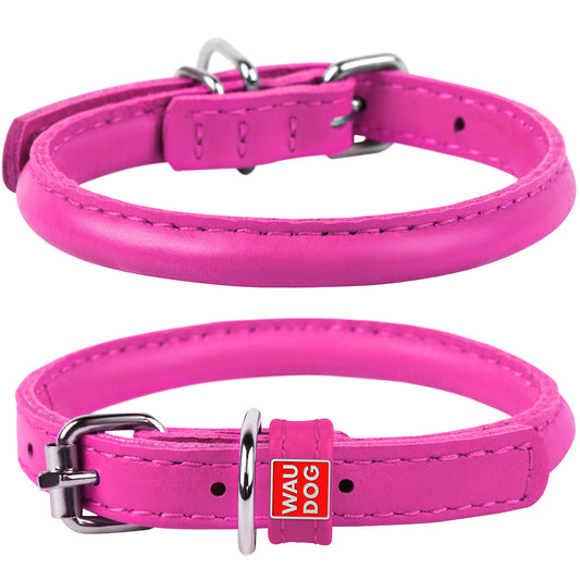 Waudog Leather Round Dog Collar  39-47CM PINK