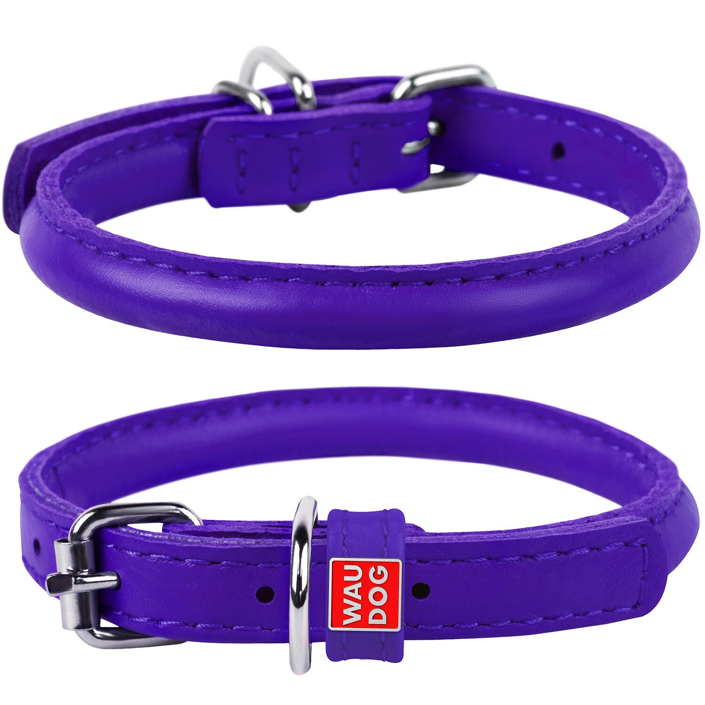 Waudog Leather Round Dog Collar  53-61CM PURPLE