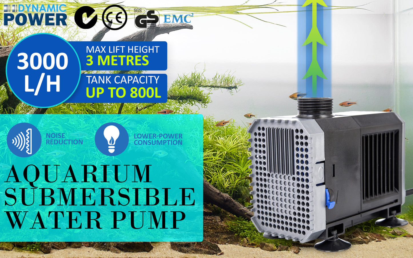 Dynamic Power Aquarium Submersible Water Pump 3000L/H 55W 3m Pond