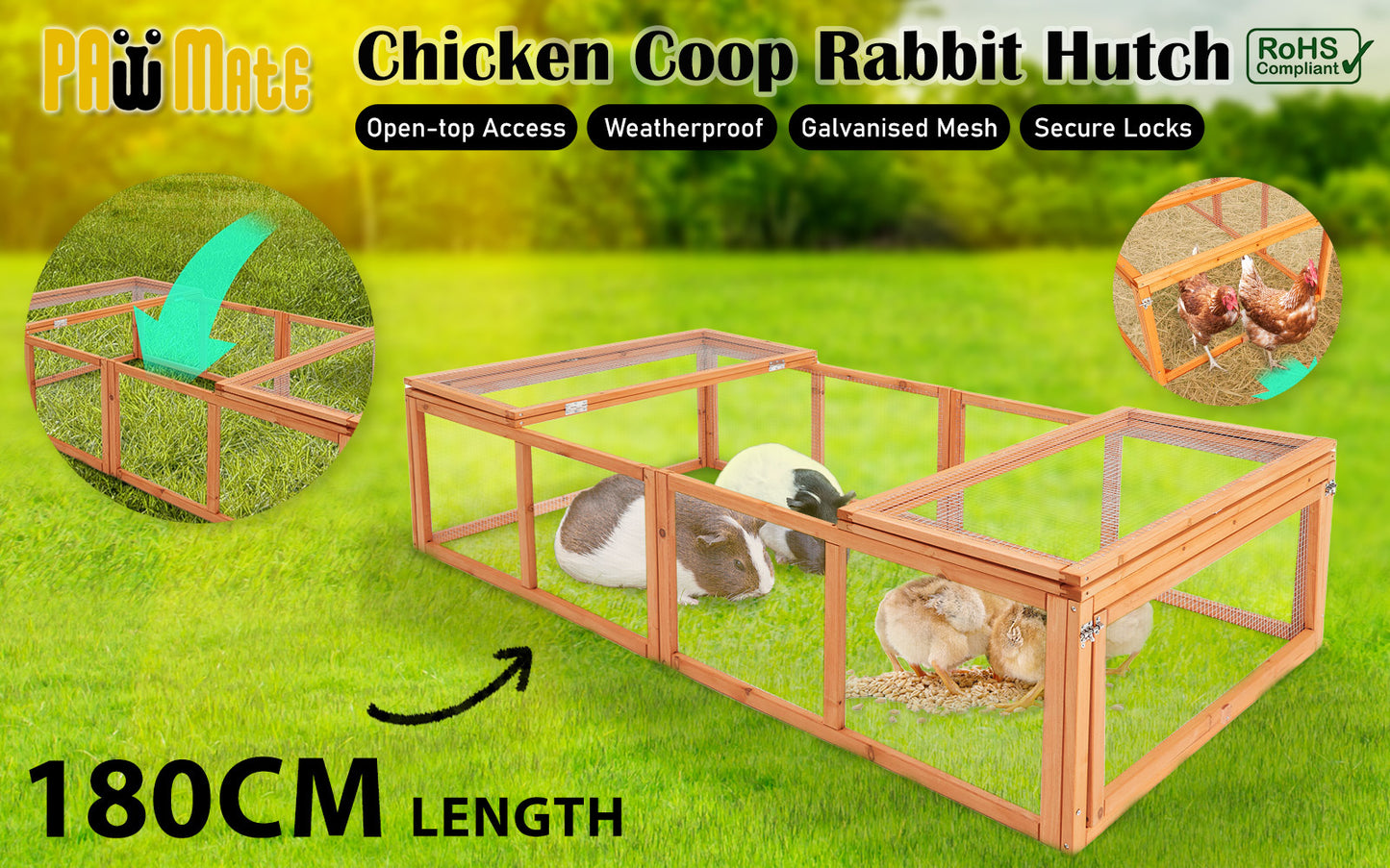 Paw Mate Chicken Coop Rabbit Hutch Extension Run 180 x 90 x 48cm Runey