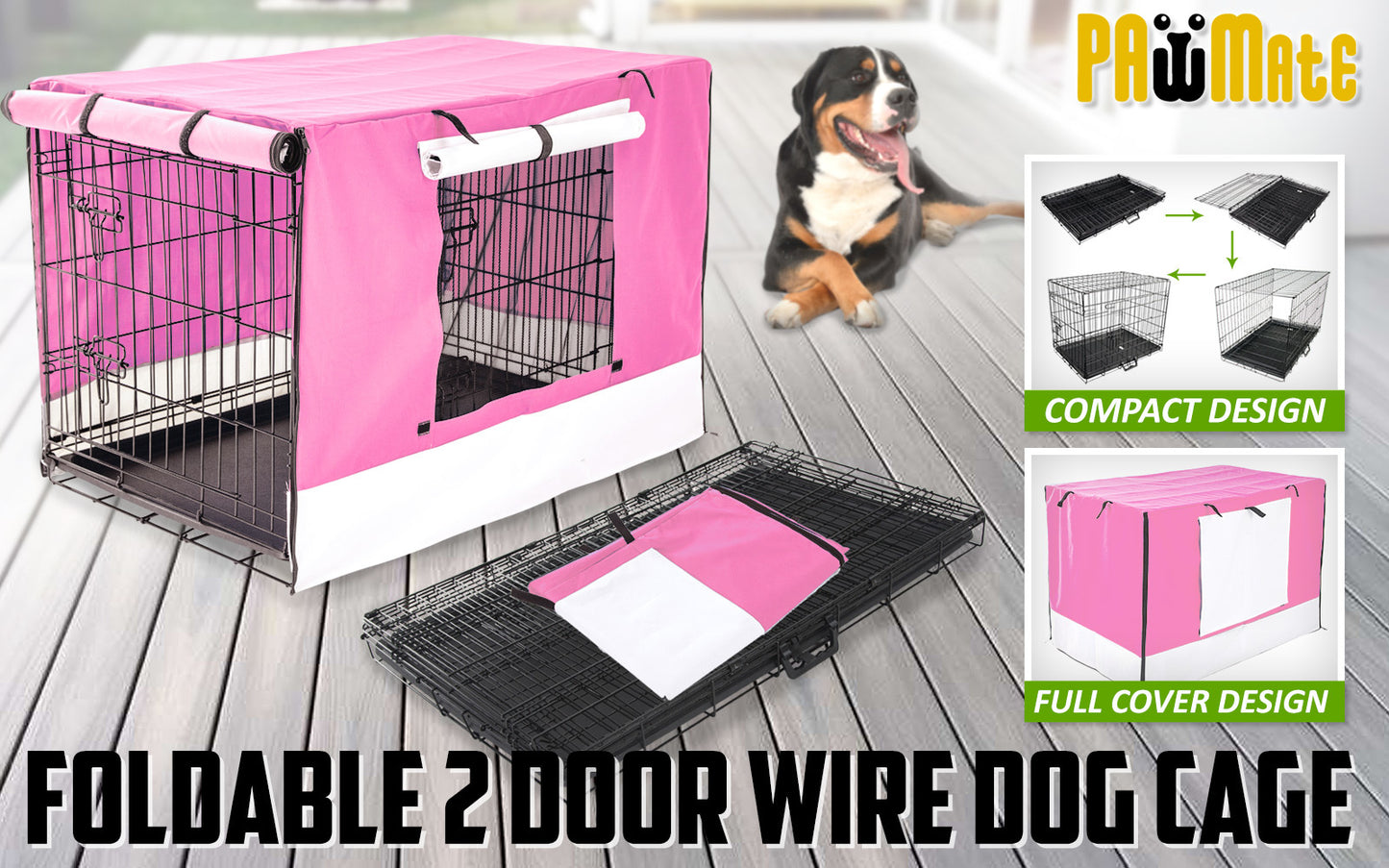 Wire Dog Cage Foldable Crate Kennel 36in with Tray + PINK Cover Combo