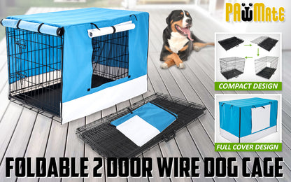 Paw Mate Wire Dog Cage Foldable Crate Kennel 48in with Tray + Blue Cover Combo