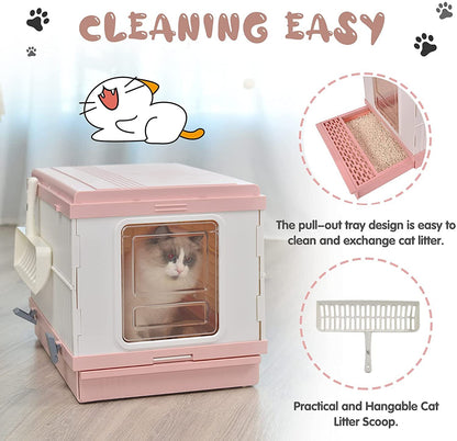 YES4PETS XL Portable Cat Toilet Litter Box Tray Foldable House with Handle and Scoop Pink