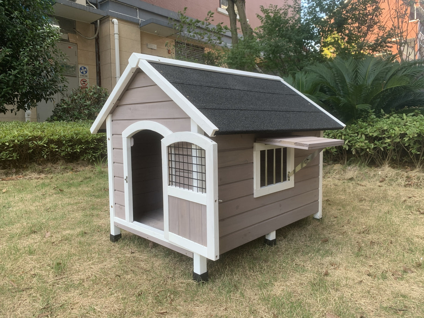 YES4PETS L Timber Pet Dog Kennel House Puppy Wooden Timber Cabin With Stripe Grey