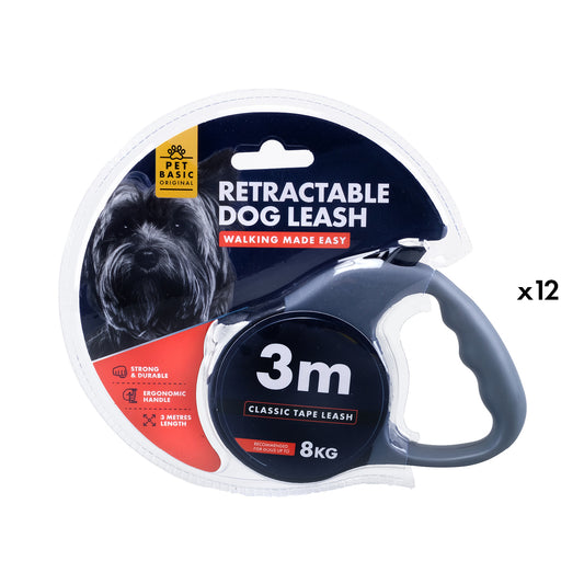 Pet Basic 12PCE 3m Retractable Leash Sturdy Lock Safety System Up To 8kg Dogs