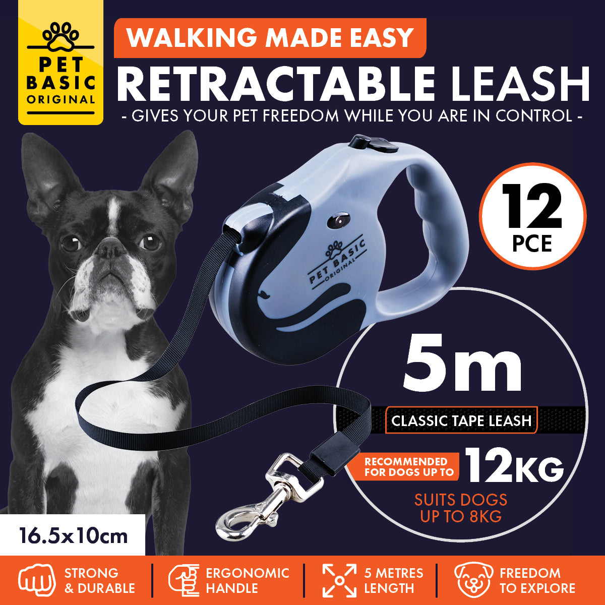 Pet Basic 12PCE 5m Retractable Leash Sturdy Lock Safety System 8-12kg Dog