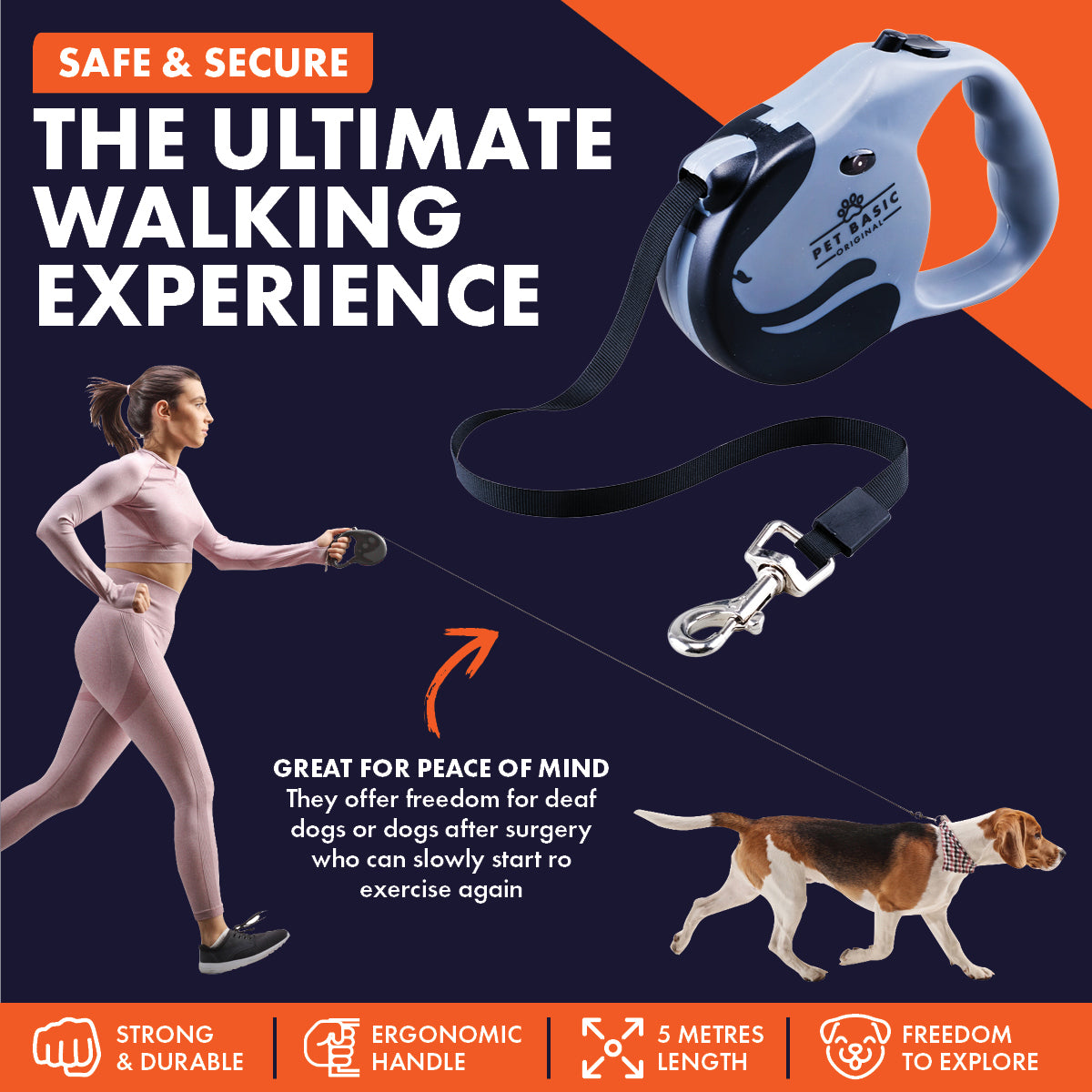 Pet Basic 12PCE 5m Retractable Leash Sturdy Lock Safety System 8-12kg Dog